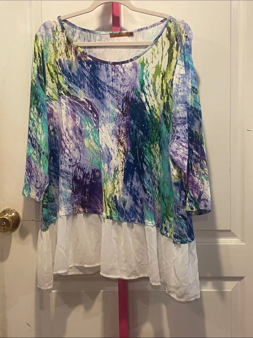 Belldini Multicolor Watercolor Layered Tunic with White Chiffon Hem